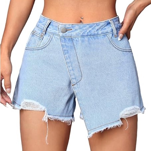 WDIRARA Women's Low Waist Ripped Raw Hem Wrap Asymmetrical Hem Denim Skort Large - Picture 1 of 1